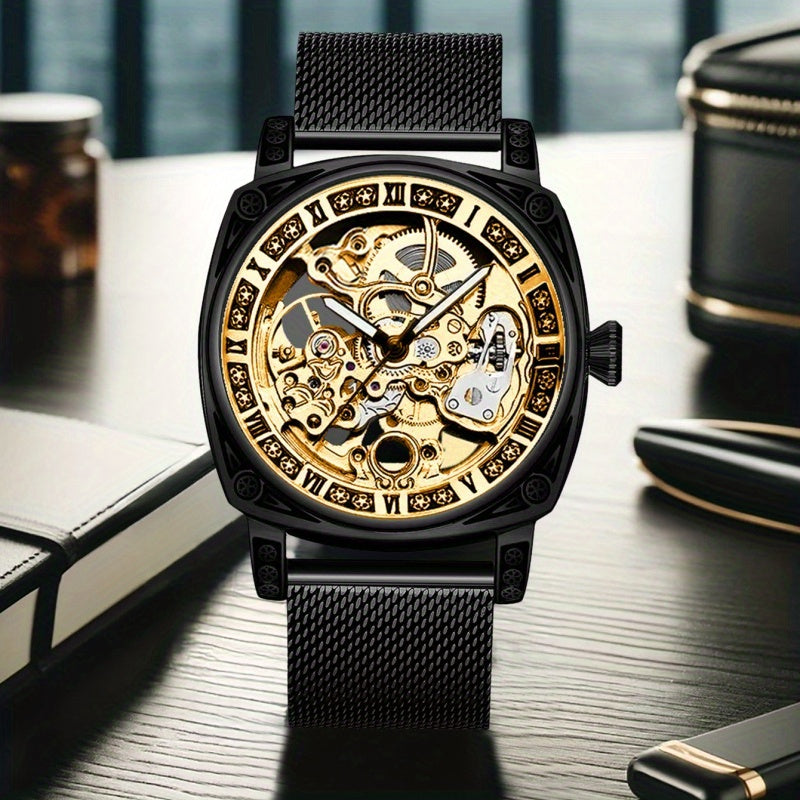 Men's Avant-Garde Automatic Mechanical Watch - Black Steel Mesh Strap, Golden-Tone Skeleton Dial with Carved Hollow-Out Design, Roman Numerals & Date Display - Luxury Modern Men's Fashion Accessory, Automatic Wristwatch | Mod
