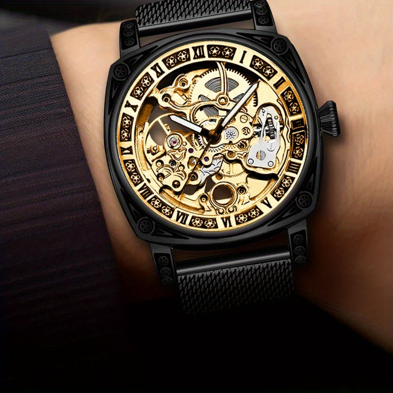 Men's Avant-Garde Automatic Mechanical Watch - Black Steel Mesh Strap, Golden-Tone Skeleton Dial with Carved Hollow-Out Design, Roman Numerals & Date Display - Luxury Modern Men's Fashion Accessory, Automatic Wristwatch | Mod