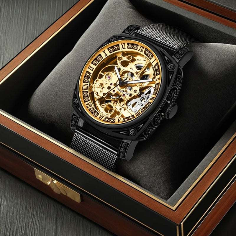 Men's Avant-Garde Automatic Mechanical Watch - Black Steel Mesh Strap, Golden-Tone Skeleton Dial with Carved Hollow-Out Design, Roman Numerals & Date Display - Luxury Modern Men's Fashion Accessory, Automatic Wristwatch | Mod