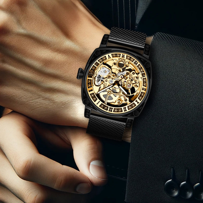 Men's Avant-Garde Automatic Mechanical Watch - Black Steel Mesh Strap, Golden-Tone Skeleton Dial with Carved Hollow-Out Design, Roman Numerals & Date Display - Luxury Modern Men's Fashion Accessory, Automatic Wristwatch | Mod