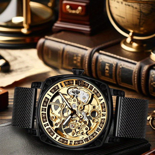 Men's Avant-Garde Automatic Mechanical Watch - Black Steel Mesh Strap, Golden-Tone Skeleton Dial with Carved Hollow-Out Design, Roman Numerals & Date Display - Luxury Modern Men's Fashion Accessory, Automatic Wristwatch | Mod