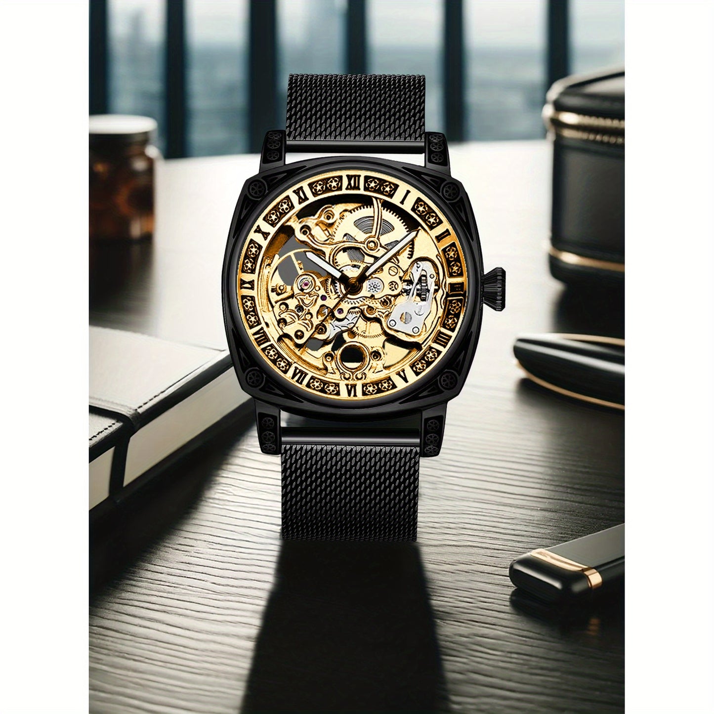 Men's Avant-Garde Automatic Mechanical Watch - Black Steel Mesh Strap, Golden-Tone Skeleton Dial with Carved Hollow-Out Design, Roman Numerals & Date Display - Luxury Modern Men's Fashion Accessory, Automatic Wristwatch | Mod