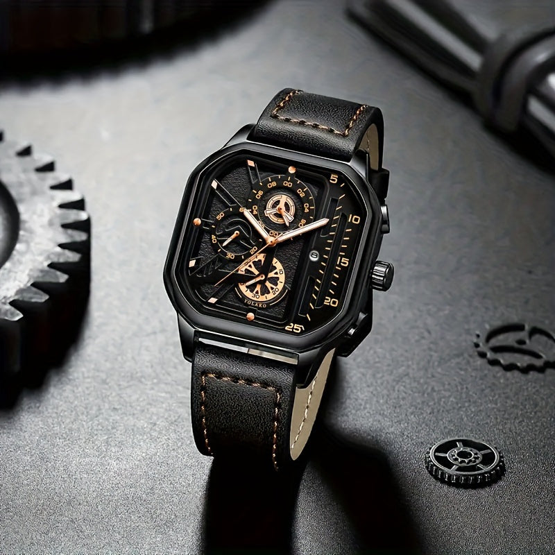 Men's Vintage Sports Quartz Watch with Large Dial, Date Calendar, Rose Golden Accents & Black Faux Leather Strap - Business Casual Wristwatch, Ideal Gift for Him, Everyday Luxury Watch, Durable Wristwatch