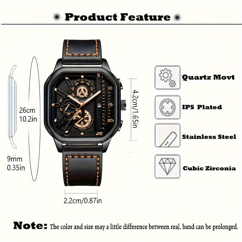 Men's Vintage Sports Quartz Watch with Large Dial, Date Calendar, Rose Golden Accents & Black Faux Leather Strap - Business Casual Wristwatch, Ideal Gift for Him, Everyday Luxury Watch, Durable Wristwatch