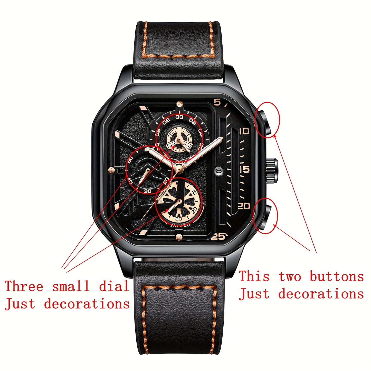 Men's Vintage Sports Quartz Watch with Large Dial, Date Calendar, Rose Golden Accents & Black Faux Leather Strap - Business Casual Wristwatch, Ideal Gift for Him, Everyday Luxury Watch, Durable Wristwatch