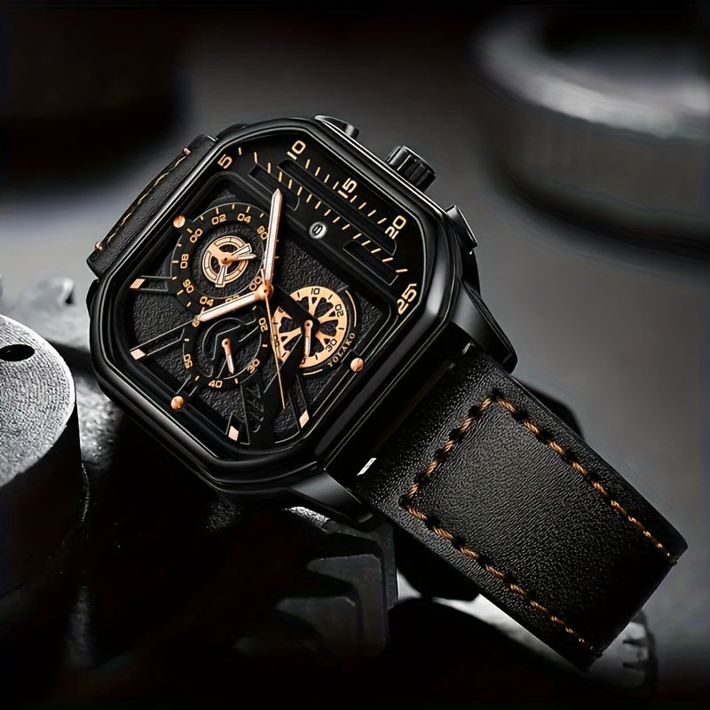 Men's Vintage Sports Quartz Watch with Large Dial, Date Calendar, Rose Golden Accents & Black Faux Leather Strap - Business Casual Wristwatch, Ideal Gift for Him, Everyday Luxury Watch, Durable Wristwatch