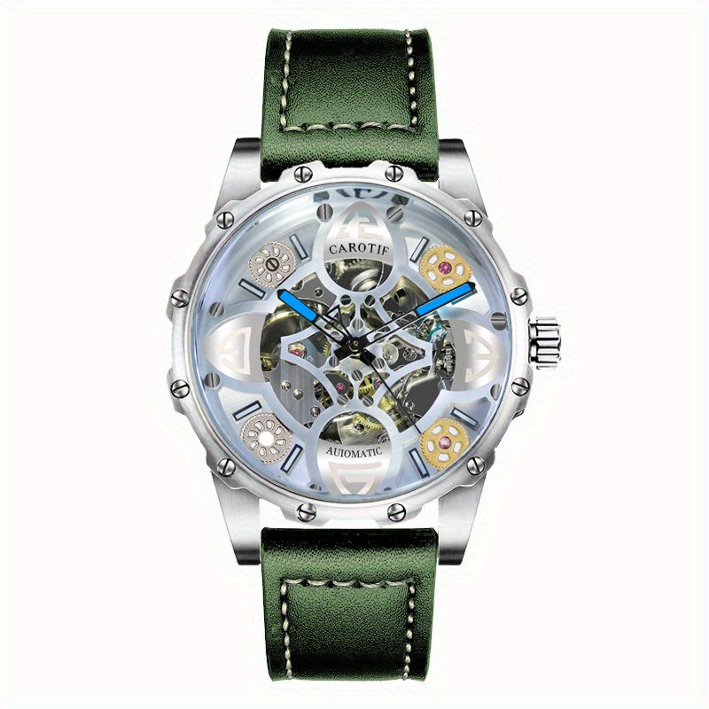 1pcs Green (Men's) Belt Personality Style Design Novel Chic Automatic Hollow Four-Leaf Clover Mechanical Watch