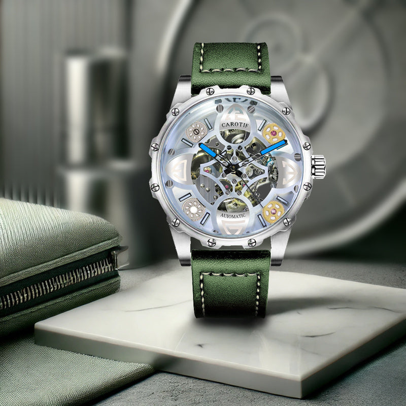 1pcs Green (Men's) Belt Personality Style Design Novel Chic Automatic Hollow Four-Leaf Clover Mechanical Watch