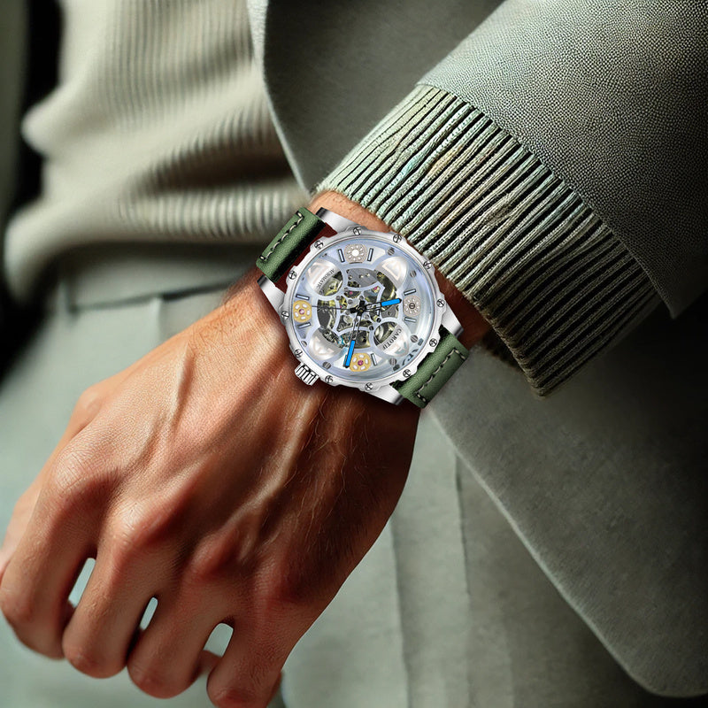 1pcs Green (Men's) Belt Personality Style Design Novel Chic Automatic Hollow Four-Leaf Clover Mechanical Watch