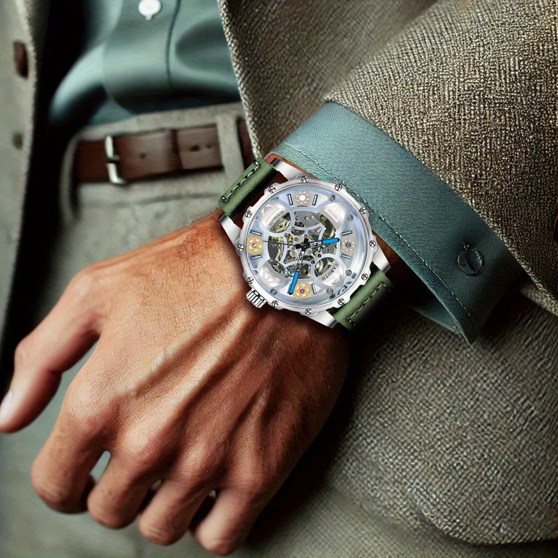 1pcs Green (Men's) Belt Personality Style Design Novel Chic Automatic Hollow Four-Leaf Clover Mechanical Watch