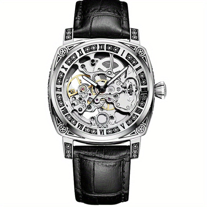 1pc Men's Silvery-Black Belt Retro Style Handsome Personality Luminous Engraved Automatic Mechanical Watch