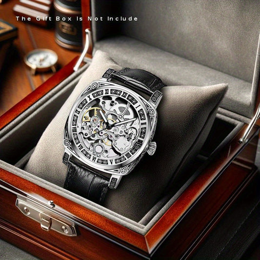 1pc Men's Silvery-Black Belt Retro Style Handsome Personality Luminous Engraved Automatic Mechanical Watch
