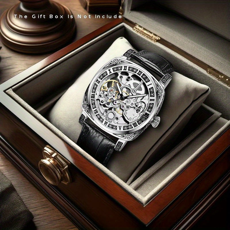 1pc Men's Silvery-Black Belt Retro Style Handsome Personality Luminous Engraved Automatic Mechanical Watch