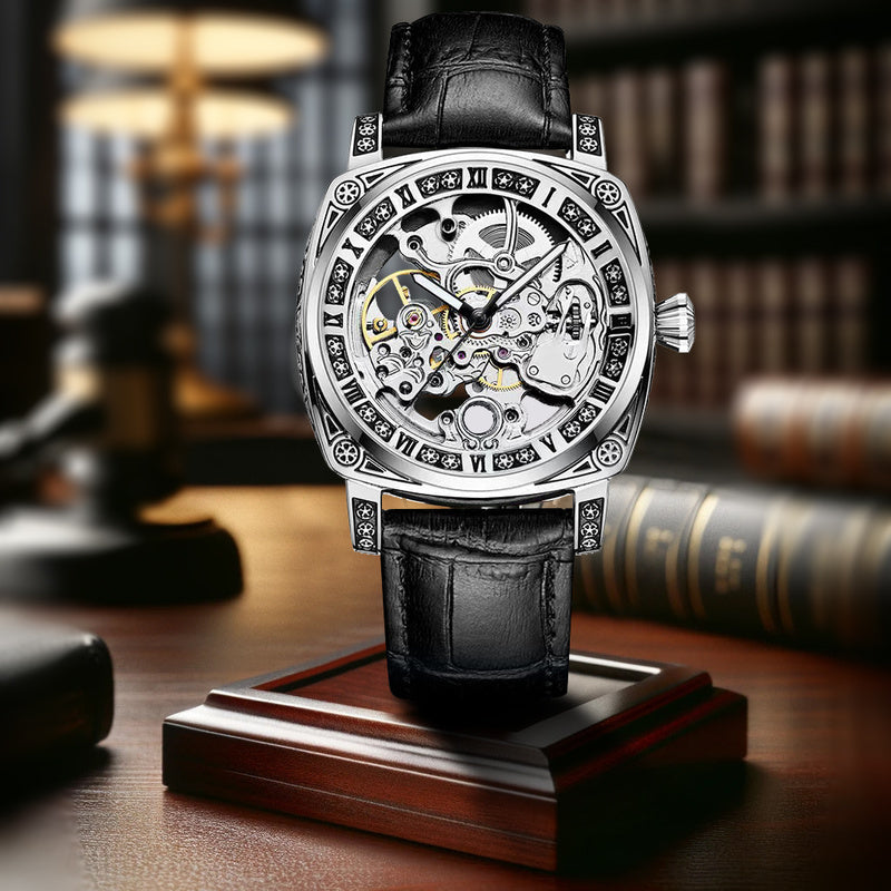 1pc Men's Silvery-Black Belt Retro Style Handsome Personality Luminous Engraved Automatic Mechanical Watch