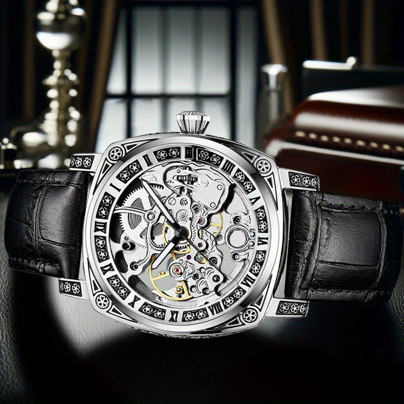 1pc Men's Silvery-Black Belt Retro Style Handsome Personality Luminous Engraved Automatic Mechanical Watch