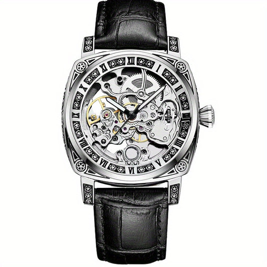 1pc Men's Silvery-Black Belt Retro Style Handsome Personality Luminous Engraved Automatic Mechanical Watch