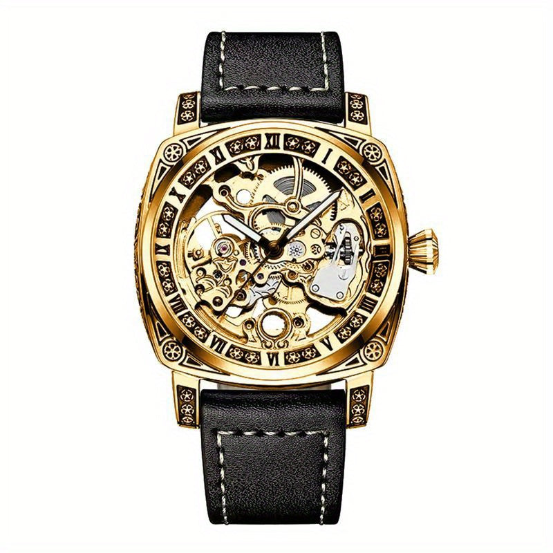 [Elegant Mechanical Timepiece] 1pc Elegant Golden-Tone Mechanical Watch - Vintage Style, Automatic Self-Winding, 30m Water-Resistant, Zinc Alloy Case, Black Faux Leather Strap, Luminous Hands