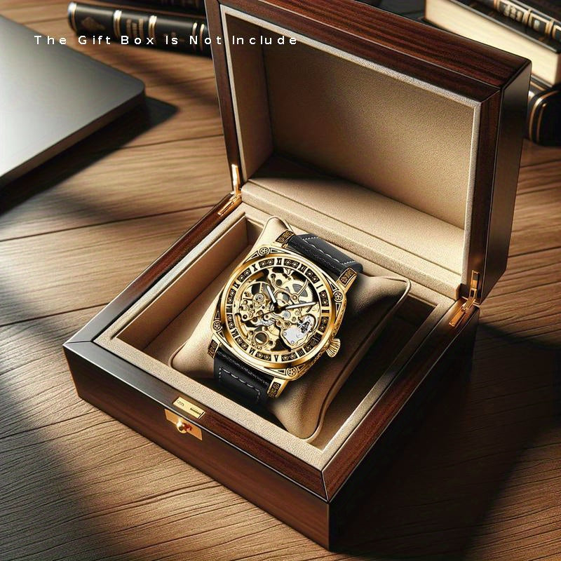[Elegant Mechanical Timepiece] 1pc Elegant Golden-Tone Mechanical Watch - Vintage Style, Automatic Self-Winding, 30m Water-Resistant, Zinc Alloy Case, Black Faux Leather Strap, Luminous Hands
