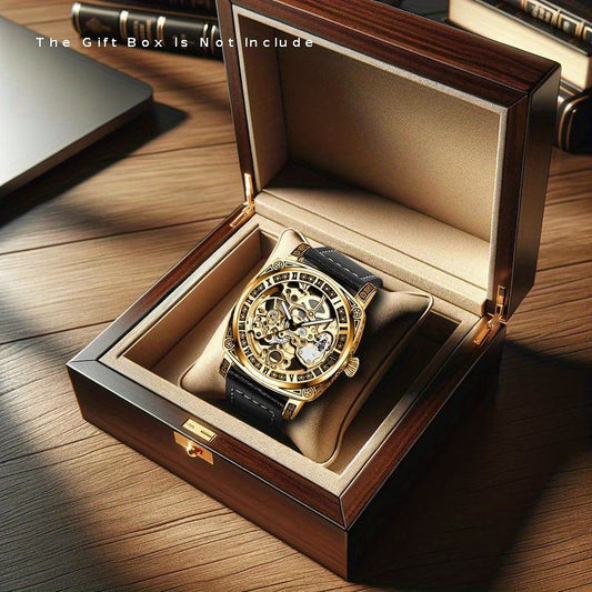 [Elegant Mechanical Timepiece] 1pc Elegant Golden-Tone Mechanical Watch - Vintage Style, Automatic Self-Winding, 30m Water-Resistant, Zinc Alloy Case, Black Faux Leather Strap, Luminous Hands