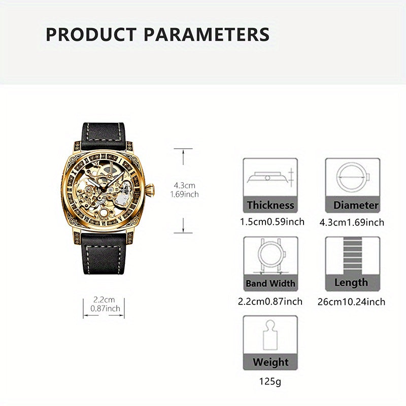 [Elegant Mechanical Timepiece] 1pc Elegant Golden-Tone Mechanical Watch - Vintage Style, Automatic Self-Winding, 30m Water-Resistant, Zinc Alloy Case, Black Faux Leather Strap, Luminous Hands