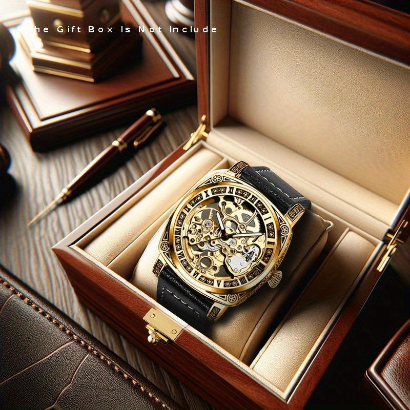 [Elegant Mechanical Timepiece] 1pc Elegant Golden-Tone Mechanical Watch - Vintage Style, Automatic Self-Winding, 30m Water-Resistant, Zinc Alloy Case, Black Faux Leather Strap, Luminous Hands