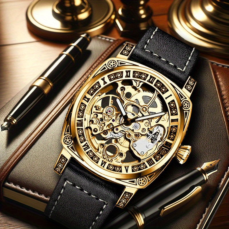 [Elegant Mechanical Timepiece] 1pc Elegant Golden-Tone Mechanical Watch - Vintage Style, Automatic Self-Winding, 30m Water-Resistant, Zinc Alloy Case, Black Faux Leather Strap, Luminous Hands