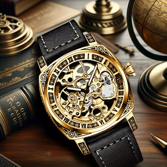 [Elegant Mechanical Timepiece] 1pc Elegant Golden-Tone Mechanical Watch - Vintage Style, Automatic Self-Winding, 30m Water-Resistant, Zinc Alloy Case, Black Faux Leather Strap, Luminous Hands