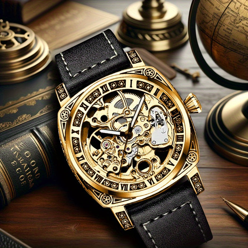 [Elegant Mechanical Timepiece] 1pc Elegant Golden-Tone Mechanical Watch - Vintage Style, Automatic Self-Winding, 30m Water-Resistant, Zinc Alloy Case, Black Faux Leather Strap, Luminous Hands