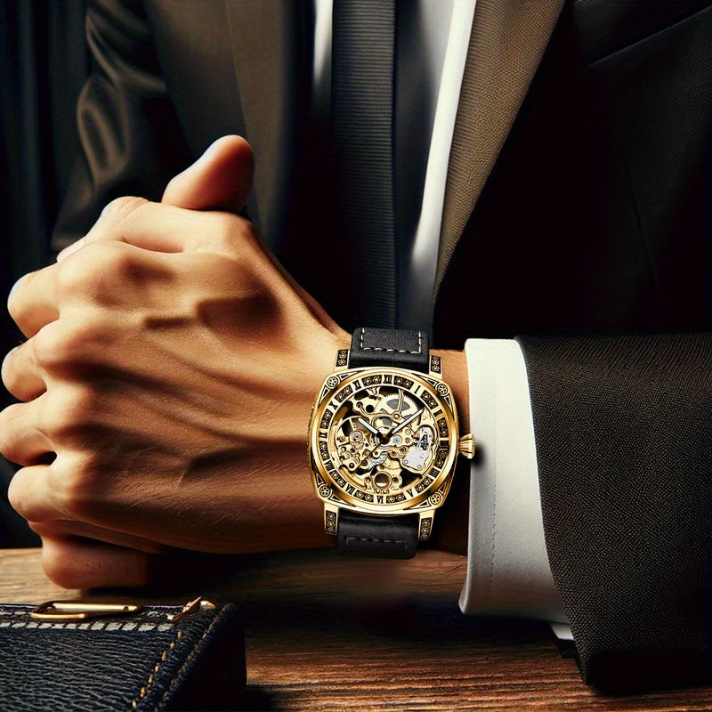 [Elegant Mechanical Timepiece] 1pc Elegant Golden-Tone Mechanical Watch - Vintage Style, Automatic Self-Winding, 30m Water-Resistant, Zinc Alloy Case, Black Faux Leather Strap, Luminous Hands
