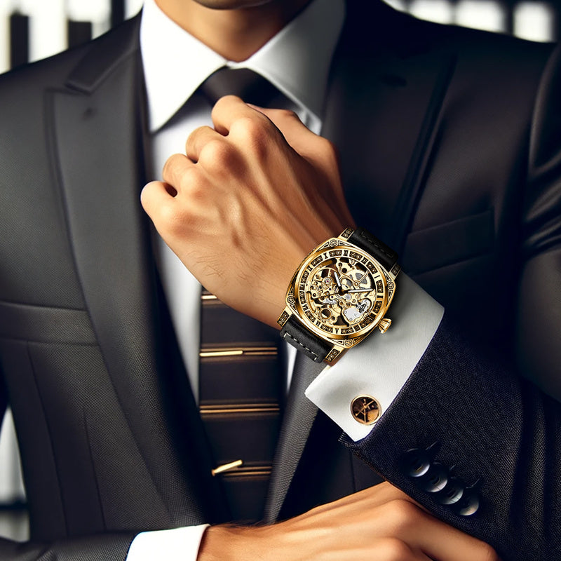 [Elegant Mechanical Timepiece] 1pc Elegant Golden-Tone Mechanical Watch - Vintage Style, Automatic Self-Winding, 30m Water-Resistant, Zinc Alloy Case, Black Faux Leather Strap, Luminous Hands