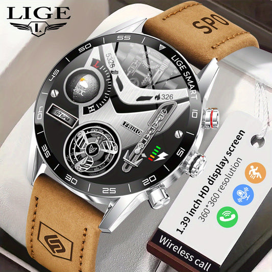 LIGE Men'S Business Smart Watch, Multi-Functional Sports Timing, Digital Display, USB Charging, Water-Resistant, Round Zinc Alloy Case, Calendar Feature, Wireless Call & Remote Control, Rechargeable Lithium Polymer Battery, F