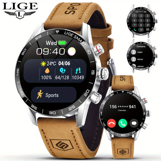 LIGE Men'S Business Smart Watch, Multi-Functional Sports Timing, Digital Display, USB Charging, Water-Resistant, Round Zinc Alloy Case, Calendar Feature, Wireless Call & Remote Control, Rechargeable Lithium Polymer Battery, F