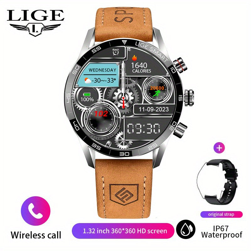 LIGE Men'S Business Smart Watch, Multi-Functional Sports Timing, Digital Display, USB Charging, Water-Resistant, Round Zinc Alloy Case, Calendar Feature, Wireless Call & Remote Control, Rechargeable Lithium Polymer Battery, F
