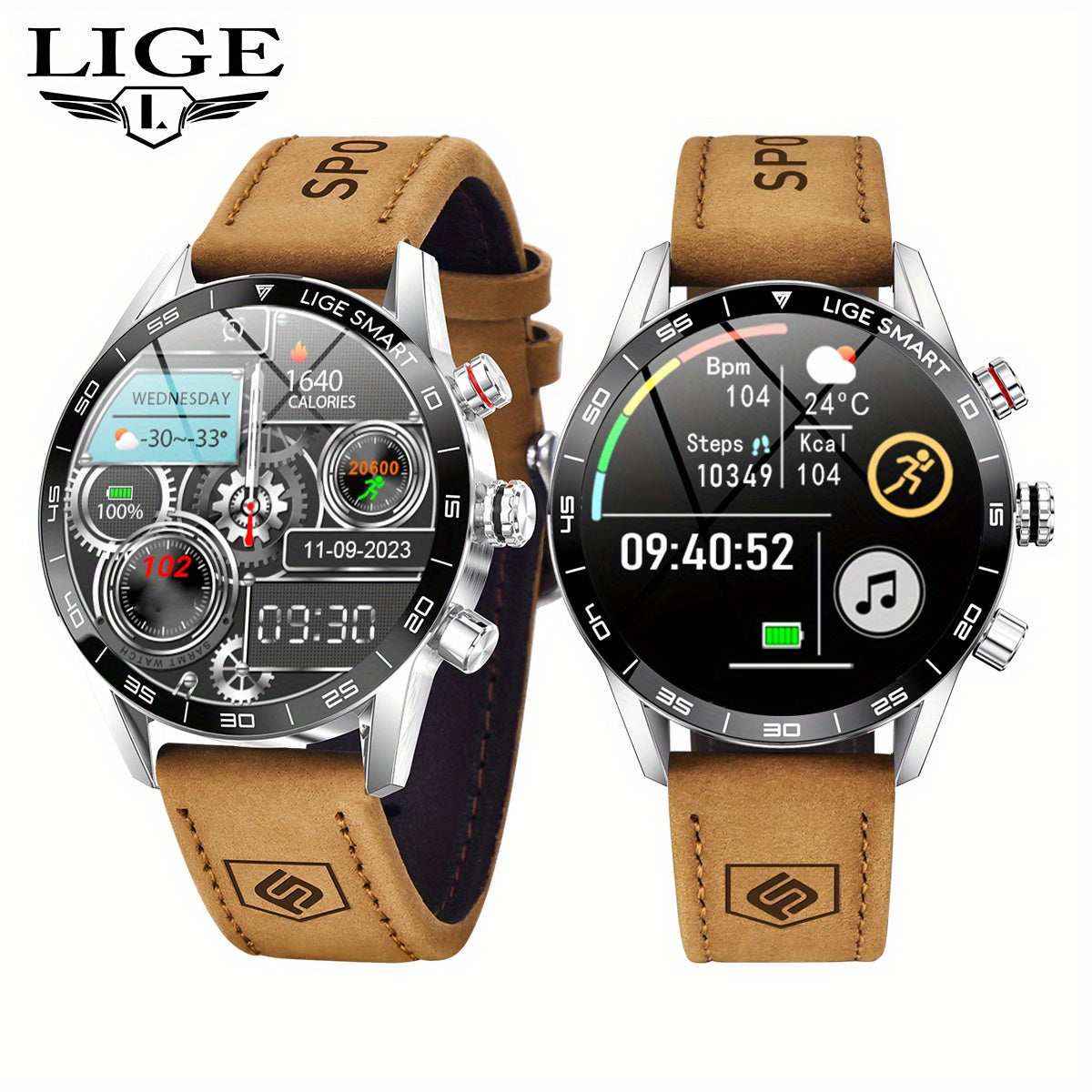 LIGE Men'S Business Smart Watch, Multi-Functional Sports Timing, Digital Display, USB Charging, Water-Resistant, Round Zinc Alloy Case, Calendar Feature, Wireless Call & Remote Control, Rechargeable Lithium Polymer Battery, F