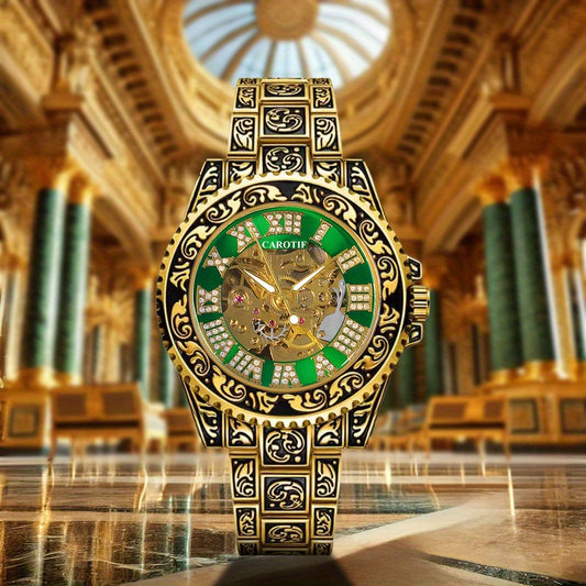 1pcss Men'S Golden Green Steel Belt Retro Style Classical Fashion Rose Carving Automatic Mechanical Watch