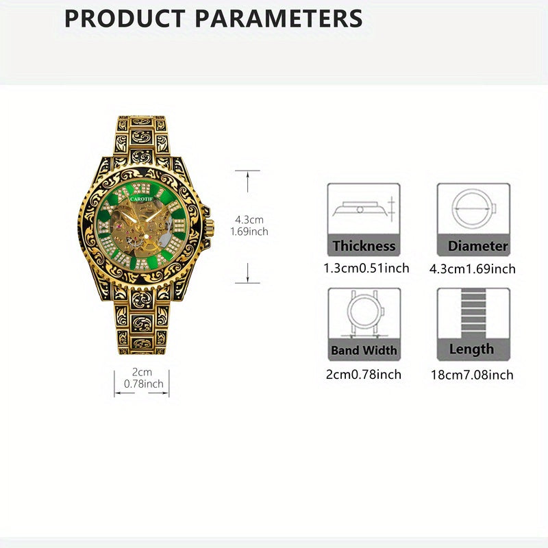 1pcss Men'S Golden Green Steel Belt Retro Style Classical Fashion Rose Carving Automatic Mechanical Watch
