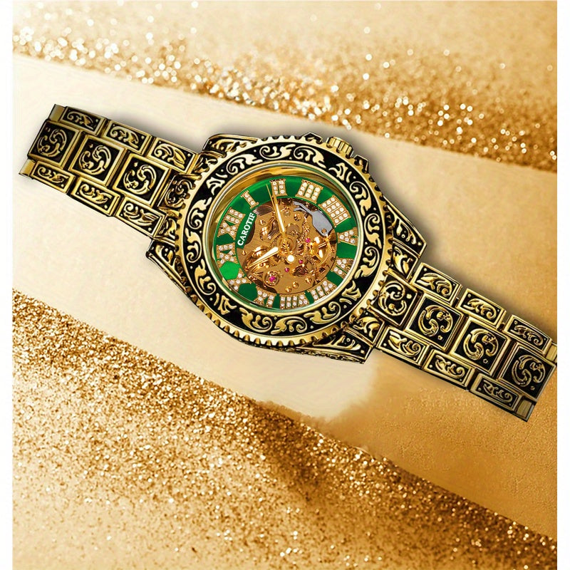 1pcss Men'S Golden Green Steel Belt Retro Style Classical Fashion Rose Carving Automatic Mechanical Watch