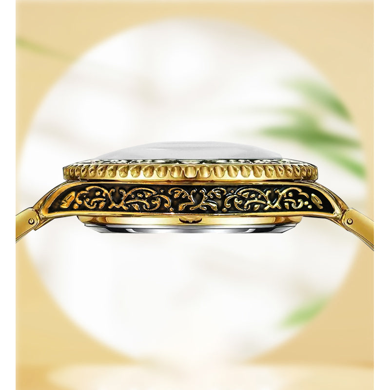 1pcss Men'S Golden Green Steel Belt Retro Style Classical Fashion Rose Carving Automatic Mechanical Watch