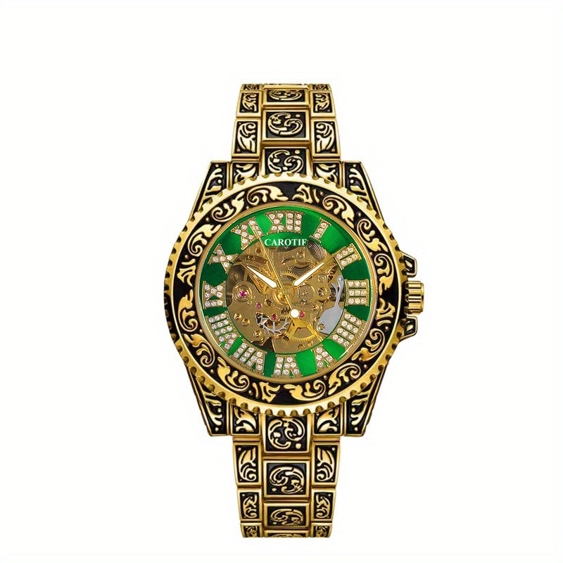 1pcss Men'S Golden Green Steel Belt Retro Style Classical Fashion Rose Carving Automatic Mechanical Watch
