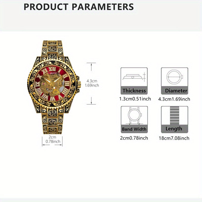 1pc Men'S Red Steel Belt Retro Style Design Novel Fashion Luminous Carved Mechanical Watch