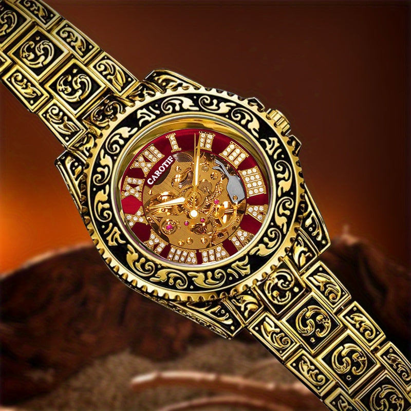 1pc Men'S Red Steel Belt Retro Style Design Novel Fashion Luminous Carved Mechanical Watch