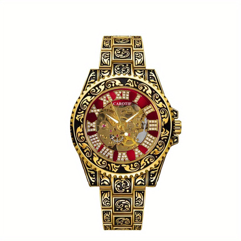 1pc Men'S Red Steel Belt Retro Style Design Novel Fashion Luminous Carved Mechanical Watch