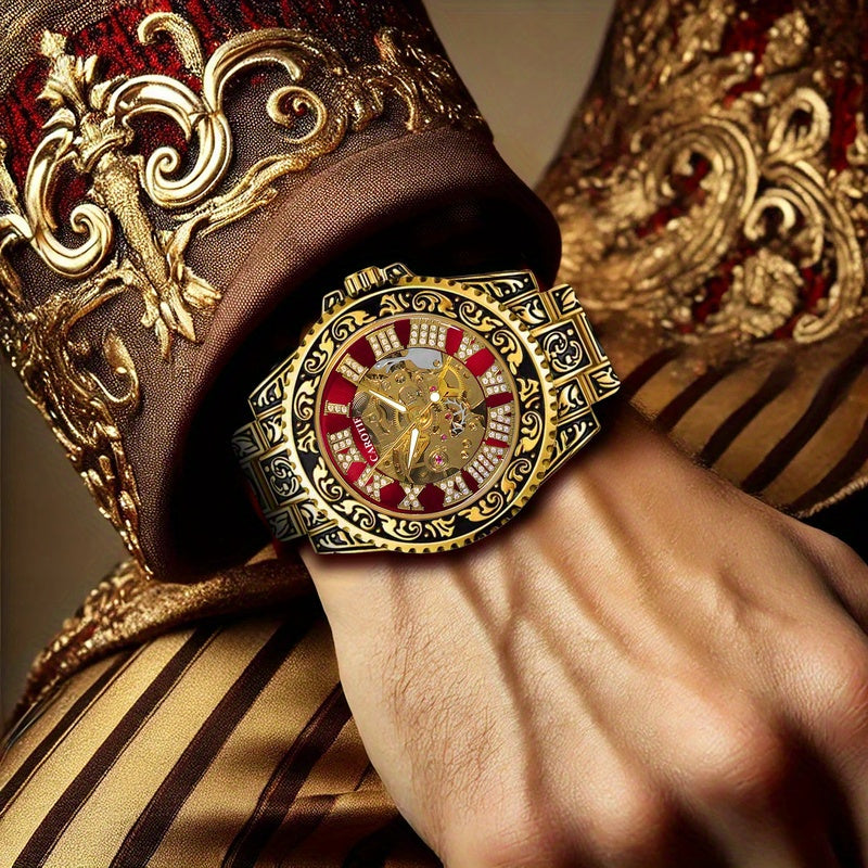 1pc Men'S Red Steel Belt Retro Style Design Novel Fashion Luminous Carved Mechanical Watch