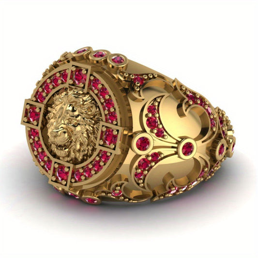 1pc Men's Lion Head Ring with Red Rhinestones - Luxury Golden-Tone Alloy Statement Jewelry for Engagement, Wedding, Valentine's Day & Birthday Gifts - Bold Business Style Jewelry for Men