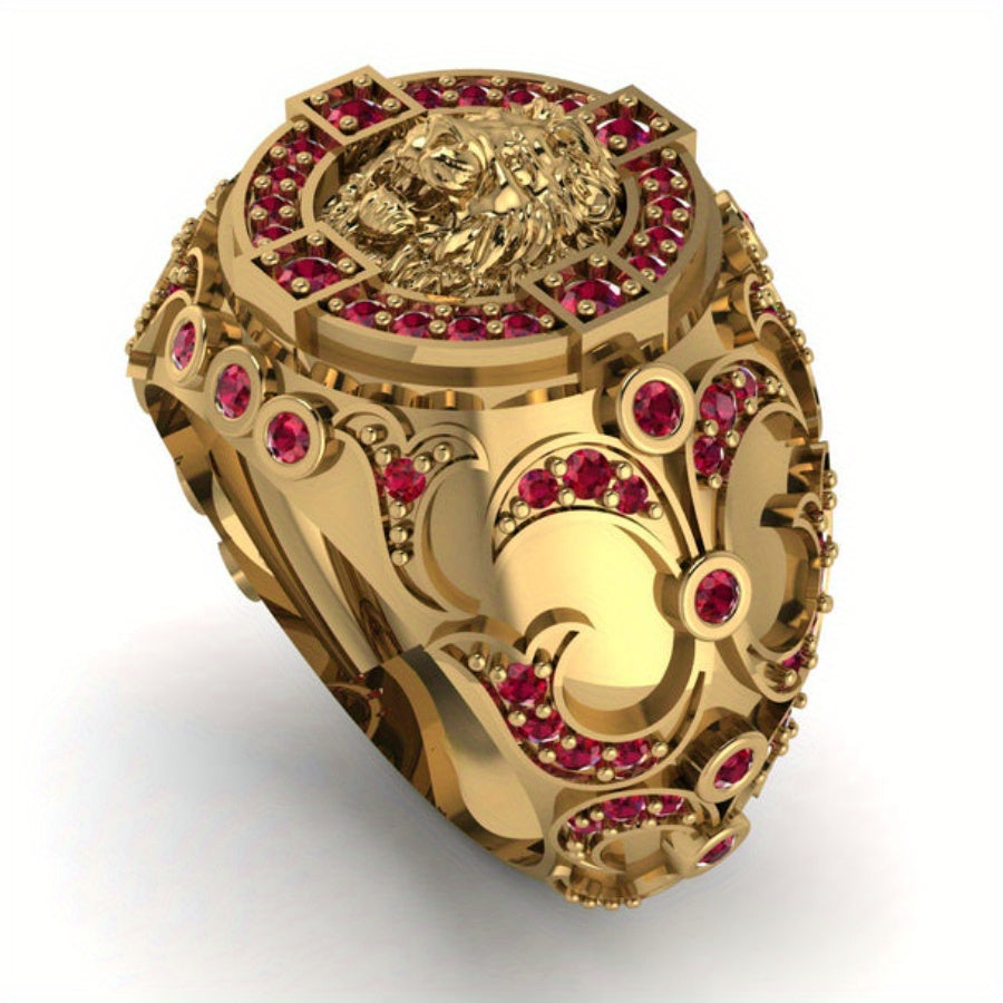 1pc Men's Lion Head Ring with Red Rhinestones - Luxury Golden-Tone Alloy Statement Jewelry for Engagement, Wedding, Valentine's Day & Birthday Gifts - Bold Business Style Jewelry for Men