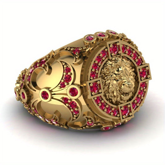 1pc Men's Lion Head Ring with Red Rhinestones - Luxury Golden-Tone Alloy Statement Jewelry for Engagement, Wedding, Valentine's Day & Birthday Gifts - Bold Business Style Jewelry for Men