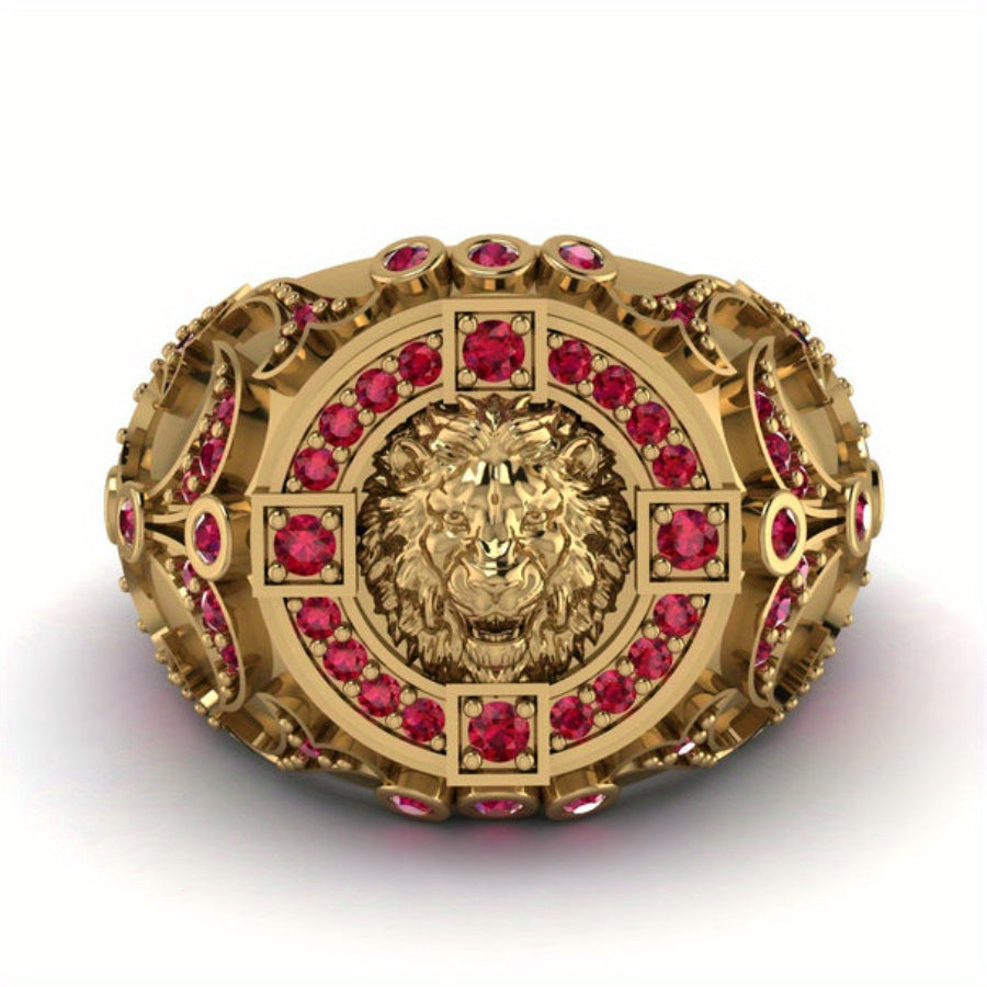 1pc Men's Lion Head Ring with Red Rhinestones - Luxury Golden-Tone Alloy Statement Jewelry for Engagement, Wedding, Valentine's Day & Birthday Gifts - Bold Business Style Jewelry for Men
