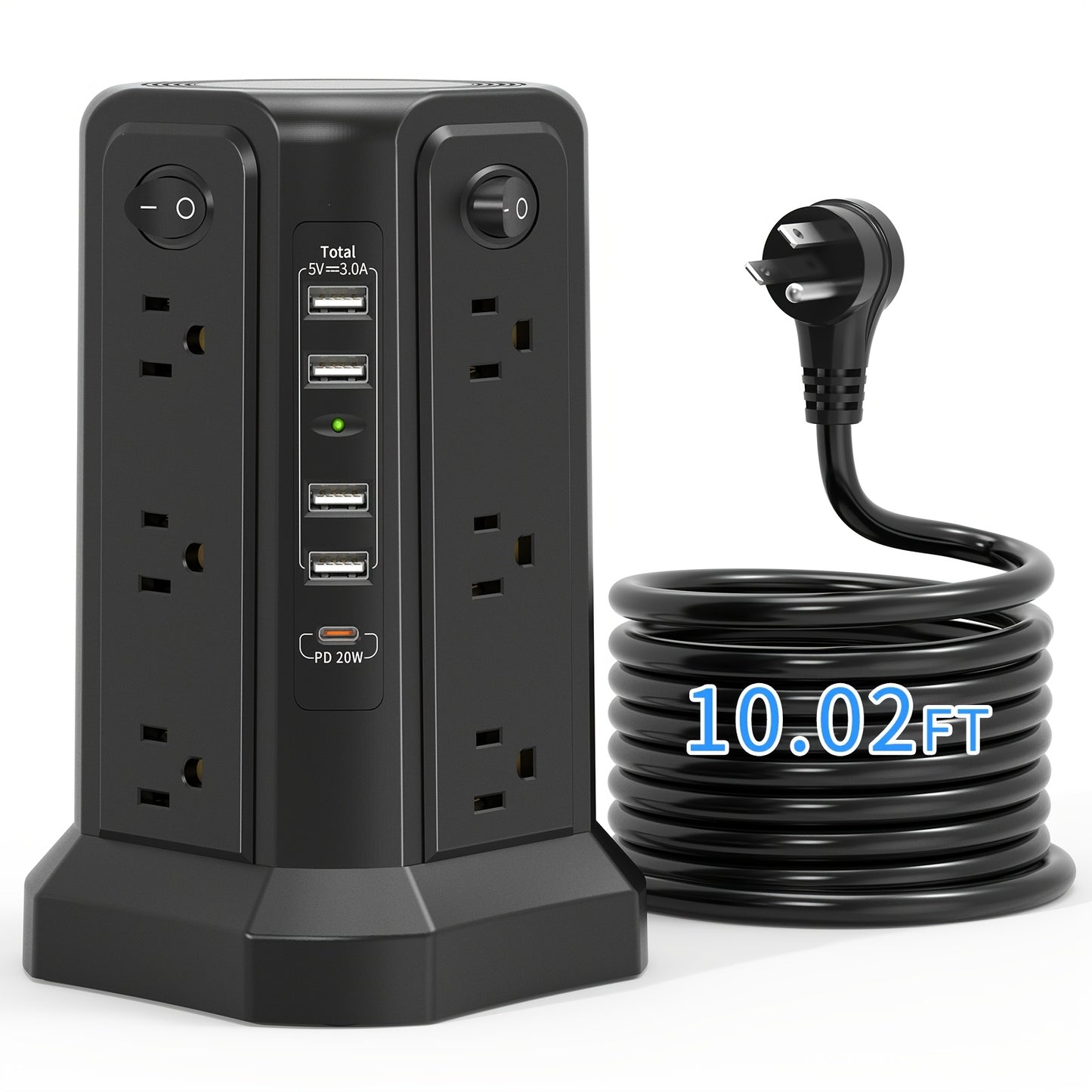 LEVEL 4 Upgraded New Product Flat Plug 16 AC Outlets Power Strip Tower with USB/USB C Port, Surge Protector Power Tower with 5 USB Charging Ports, Extension Cord Desktop Power Strip