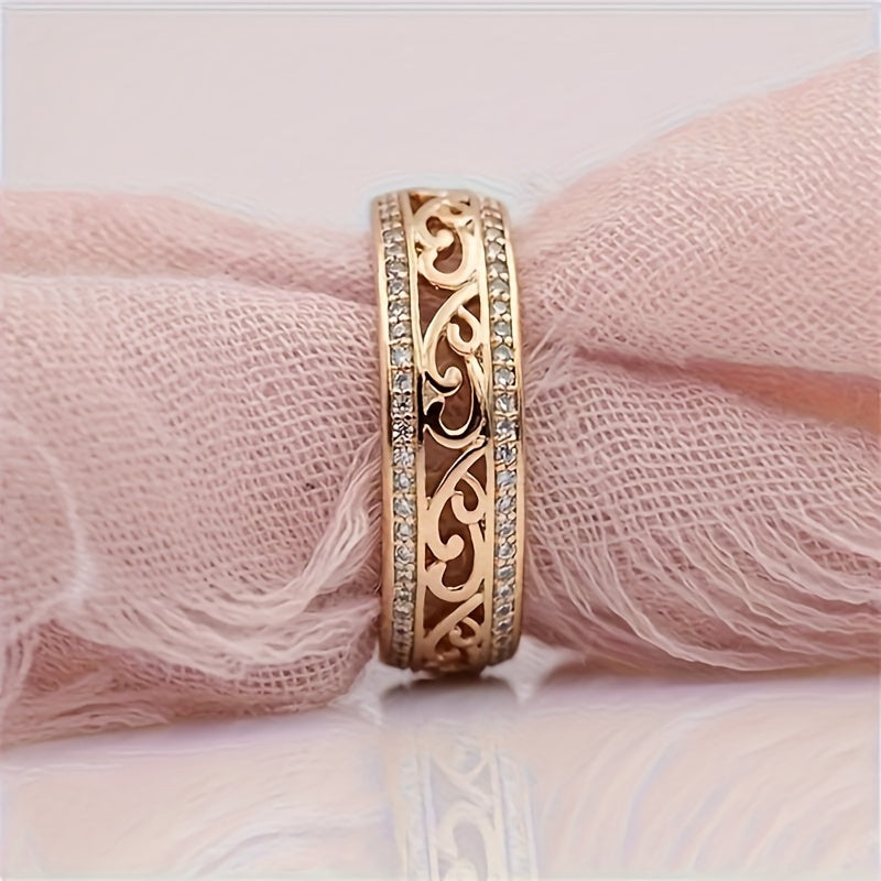 1pc, Elegant & Luxury Style, Engrave Hollow Flower Texture Wide Ring, Inlay Shiny Rhinestone Ring, Fashion Delicate Accessory For Daily Wear & Party, Idea Gift For Friends