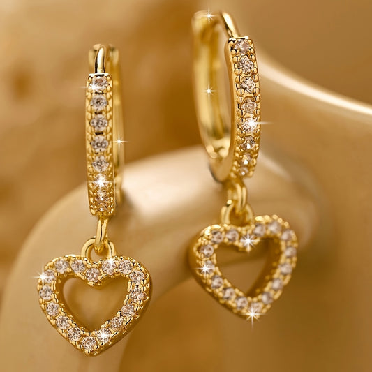 18K Golden Plated Copper Hoop Earrings with Heart Drop Pendant, Synthetic 3A Zirconia, Simple Sexy Style, No Power Required, Ideal for Daily Wear and Gift-Giving